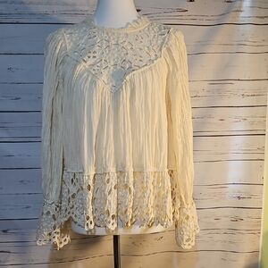 Sea Newyork‎ Boho Peasant Top Long Sleeve Lace Trimmed Cream Bohemian,  Medium